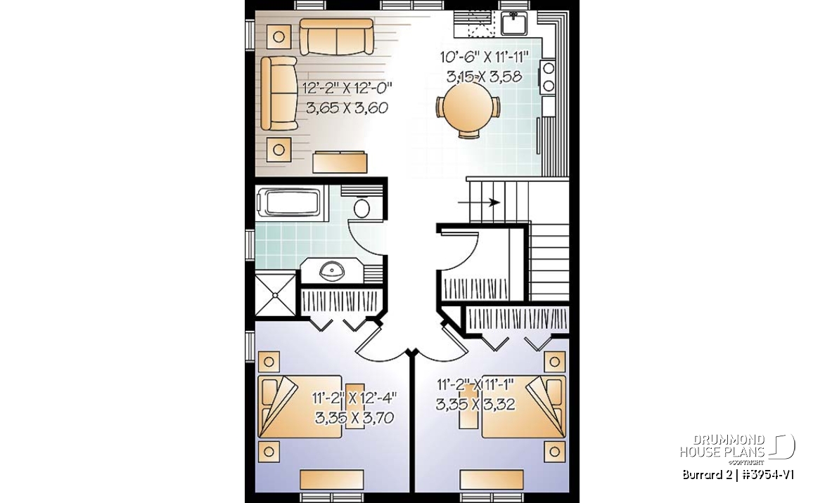 2nd level - One-car garage apartement plan, workshop space, 2 bedrooms, cathedral ceiling on second floor - Burrard 2