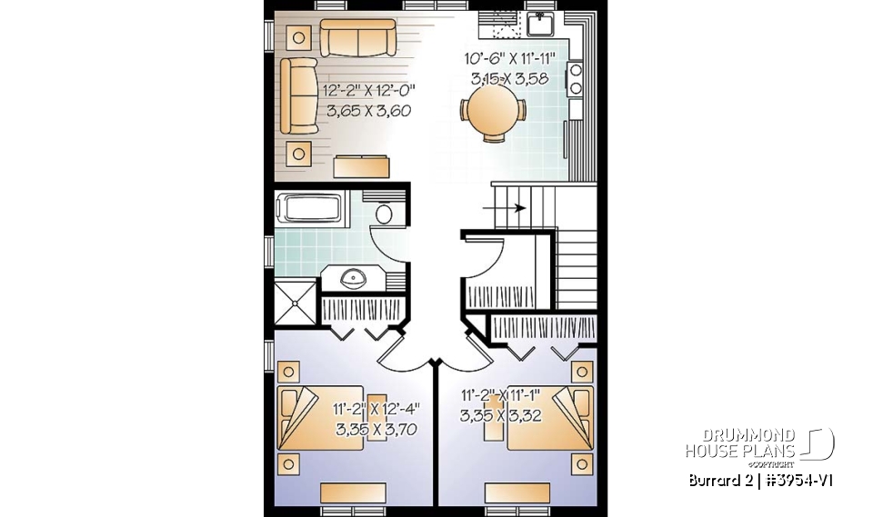 2nd level - One-car garage apartement plan, workshop space, 2 bedrooms, cathedral ceiling on second floor - Burrard 2