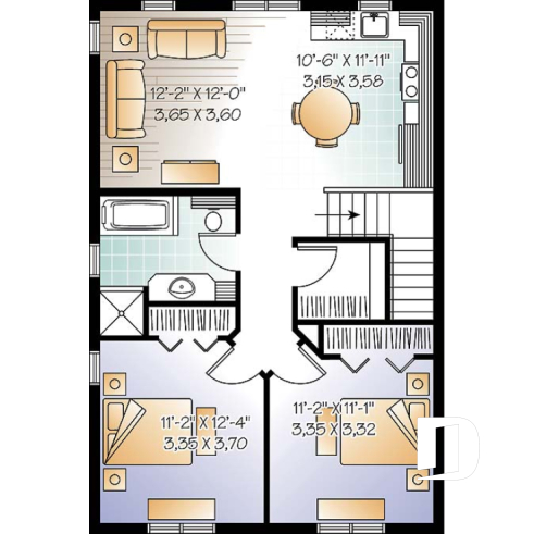 2nd level - One-car garage apartement plan, workshop space, 2 bedrooms, cathedral ceiling on second floor - Burrard 2