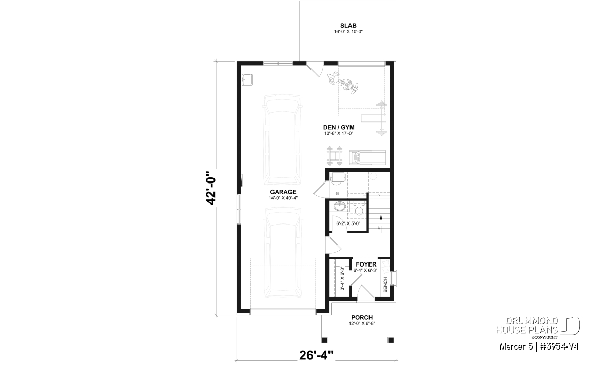 1st level - Two-bedroom garage apartment plan with a two-car tandem garage, ideal for narrow waterfront lots or view lots. - Mercer 5