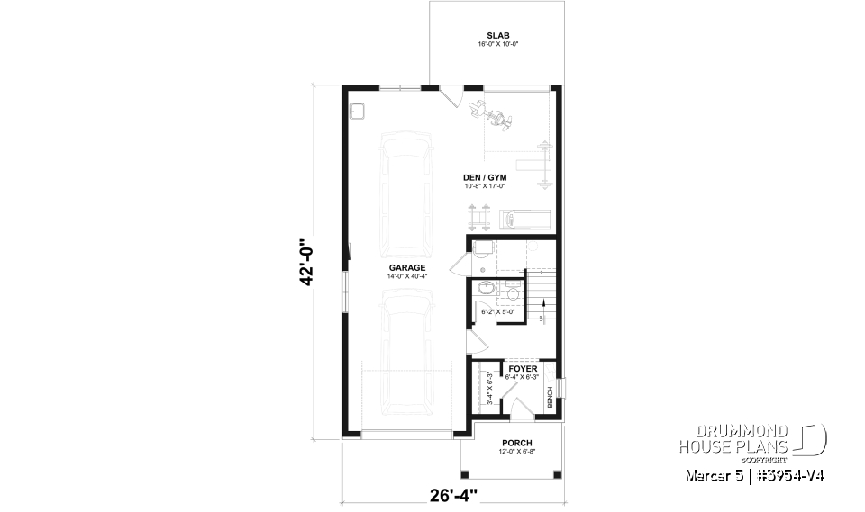 1st level - Two-bedroom garage apartment plan with a two-car tandem garage, ideal for narrow waterfront lots or view lots. - Mercer 5