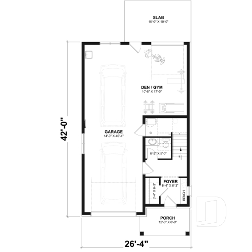 1st level - Two-bedroom garage apartment plan with a two-car tandem garage, ideal for narrow waterfront lots or view lots. - Mercer 5
