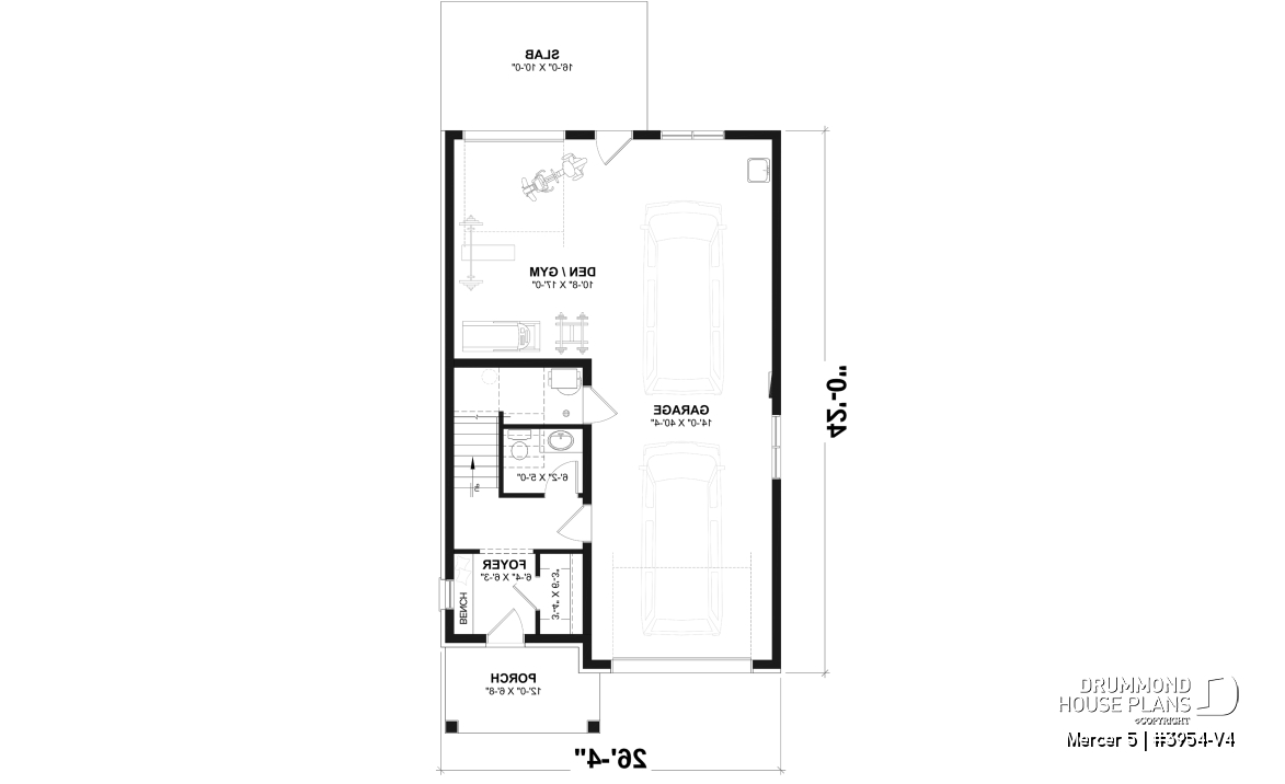 1st level - Two-bedroom garage apartment plan with a two-car tandem garage, ideal for narrow waterfront lots or view lots. - Mercer 5