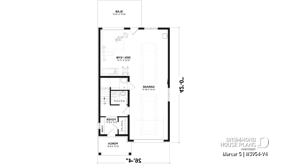 1st level - Two-bedroom garage apartment plan with a two-car tandem garage, ideal for narrow waterfront lots or view lots. - Mercer 5