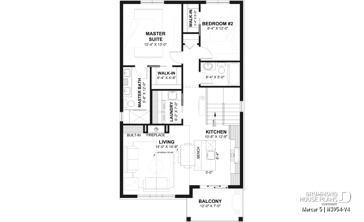 2nd level - Two-bedroom garage apartment plan with a two-car tandem garage, ideal for narrow waterfront lots or view lots. - Mercer 5