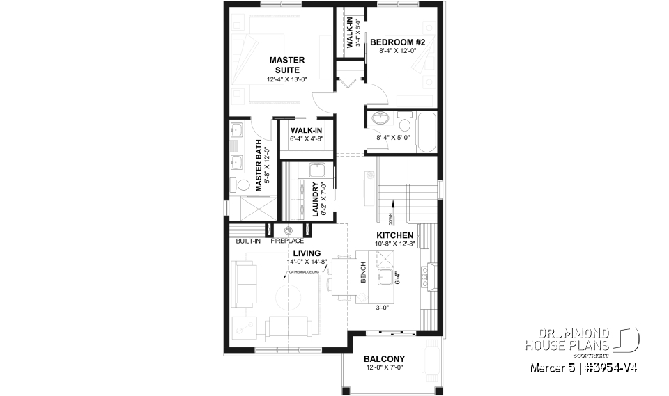 2nd level - Two-bedroom garage apartment plan with a two-car tandem garage, ideal for narrow waterfront lots or view lots. - Mercer 5