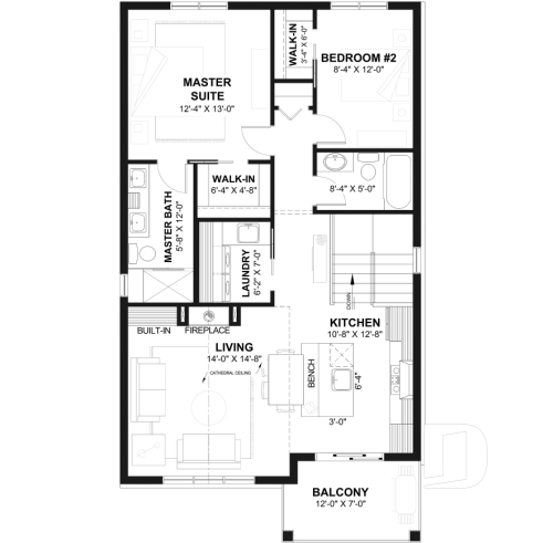 2nd level - Two-bedroom garage apartment plan with a two-car tandem garage, ideal for narrow waterfront lots or view lots. - Mercer 5