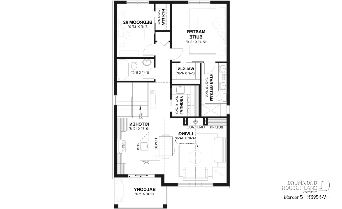 2nd level - Two-bedroom garage apartment plan with a two-car tandem garage, ideal for narrow waterfront lots or view lots. - Mercer 5