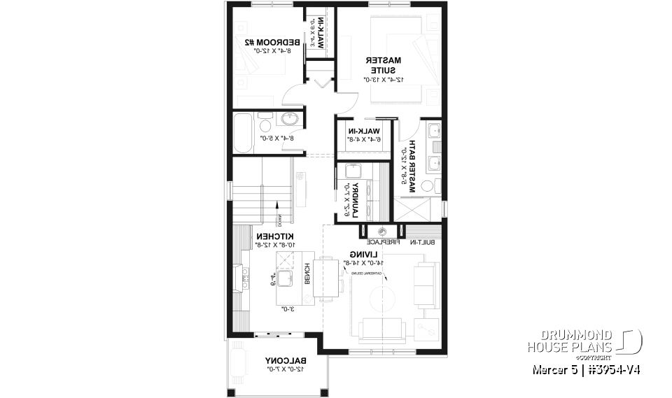 2nd level - Two-bedroom garage apartment plan with a two-car tandem garage, ideal for narrow waterfront lots or view lots. - Mercer 5