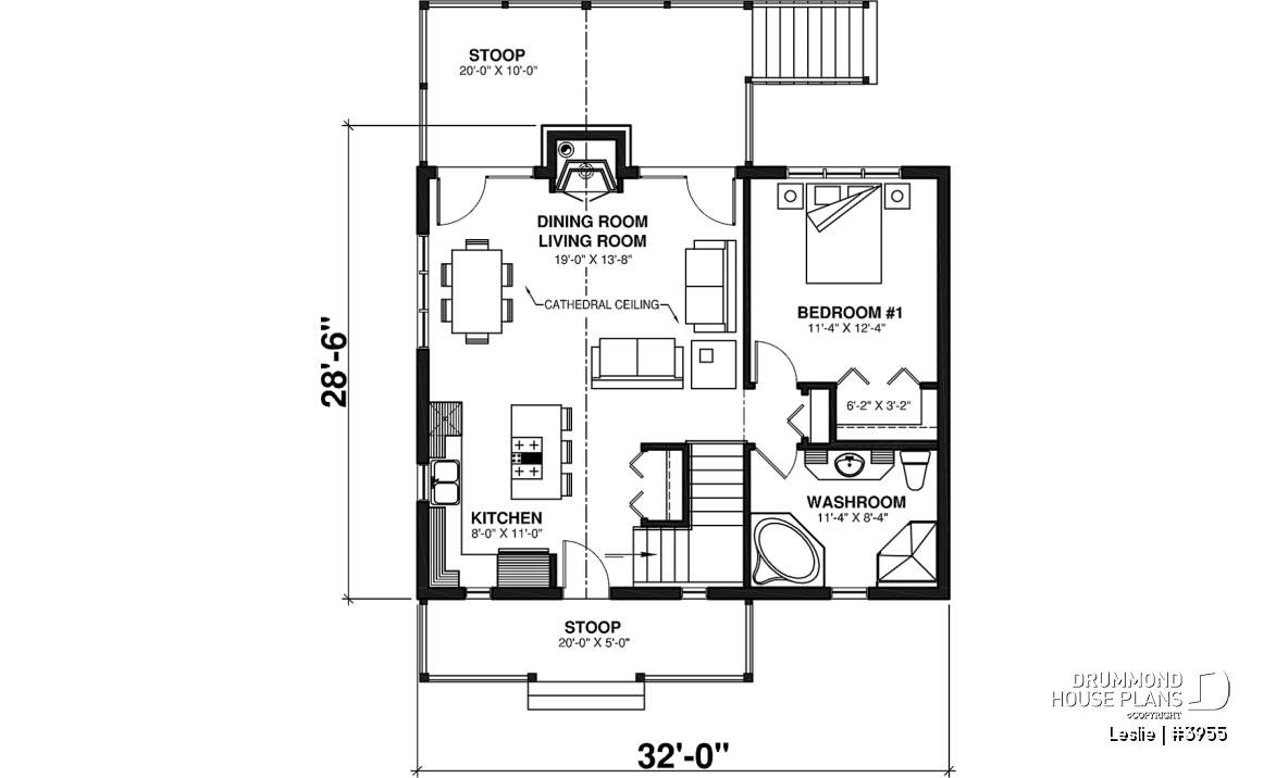 1st level - Affordable simple northwest style lakefront home plan, 1 to 3+ bedrooms, 2 living , 2 fireplaces, covered deck - Leslie