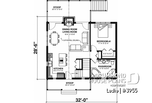 1st level - Affordable simple northwest style lakefront home plan, 1 to 3+ bedrooms, 2 living , 2 fireplaces, covered deck - Leslie