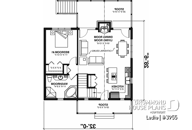 1st level - Affordable simple northwest style lakefront home plan, 1 to 3+ bedrooms, 2 living , 2 fireplaces, covered deck - Leslie