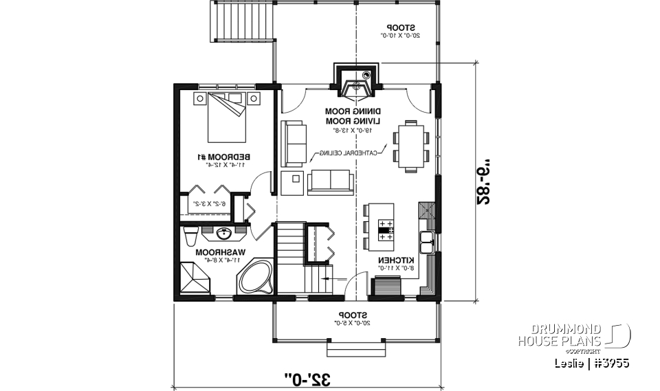 1st level - Affordable simple northwest style lakefront home plan, 1 to 3+ bedrooms, 2 living , 2 fireplaces, covered deck - Leslie