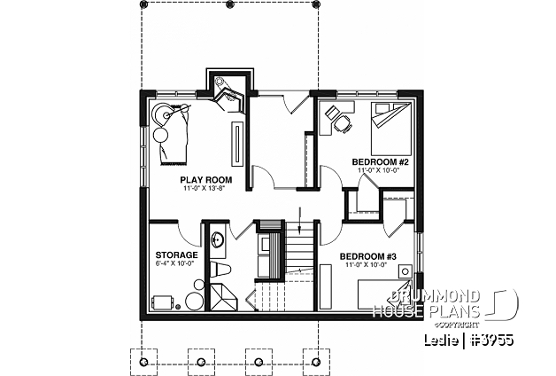 Basement - Affordable simple northwest style lakefront home plan, 1 to 3+ bedrooms, 2 living , 2 fireplaces, covered deck - Leslie