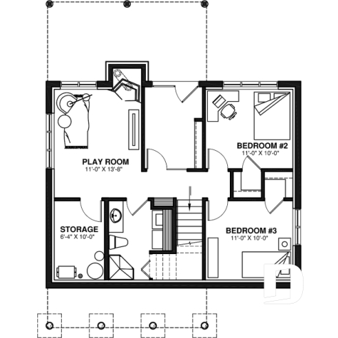 Basement - Affordable simple northwest style lakefront home plan, 1 to 3+ bedrooms, 2 living , 2 fireplaces, covered deck - Leslie