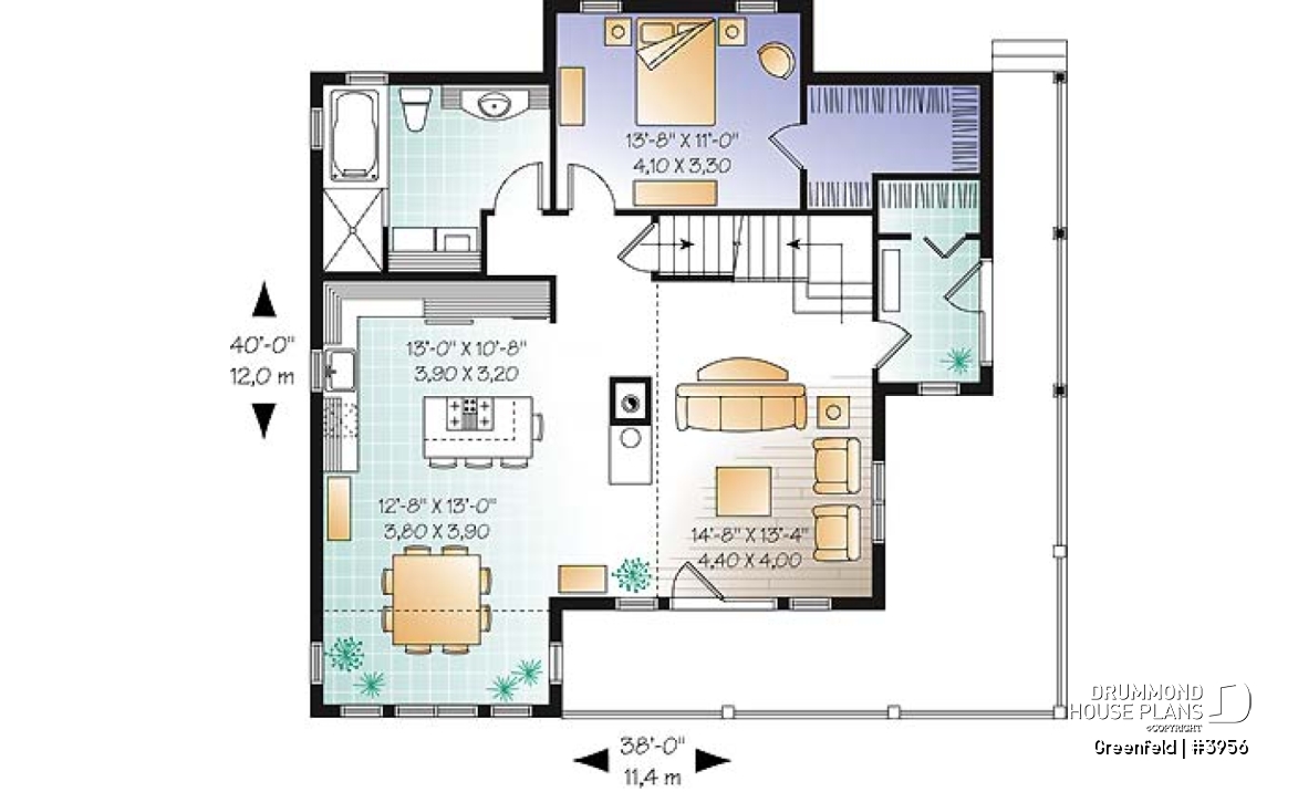 1st level - Panoramic 3 to 6 bedroom chalet style house plan with open floor plan, fireplace, mezzanine - Greenfeld