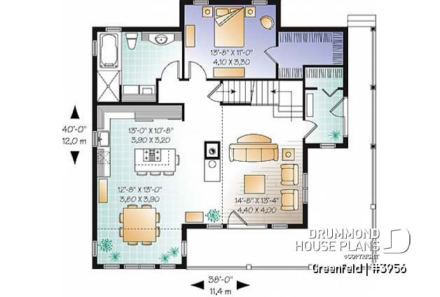 1st level - Panoramic 3 to 6 bedroom chalet style house plan with open floor plan, fireplace, mezzanine - Greenfeld