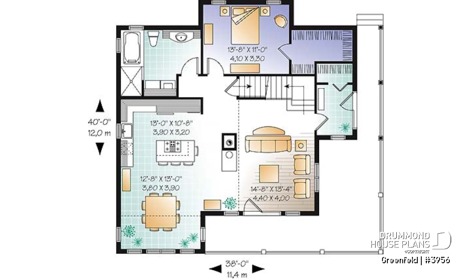 1st level - Panoramic 3 to 6 bedroom chalet style house plan with open floor plan, fireplace, mezzanine - Greenfeld