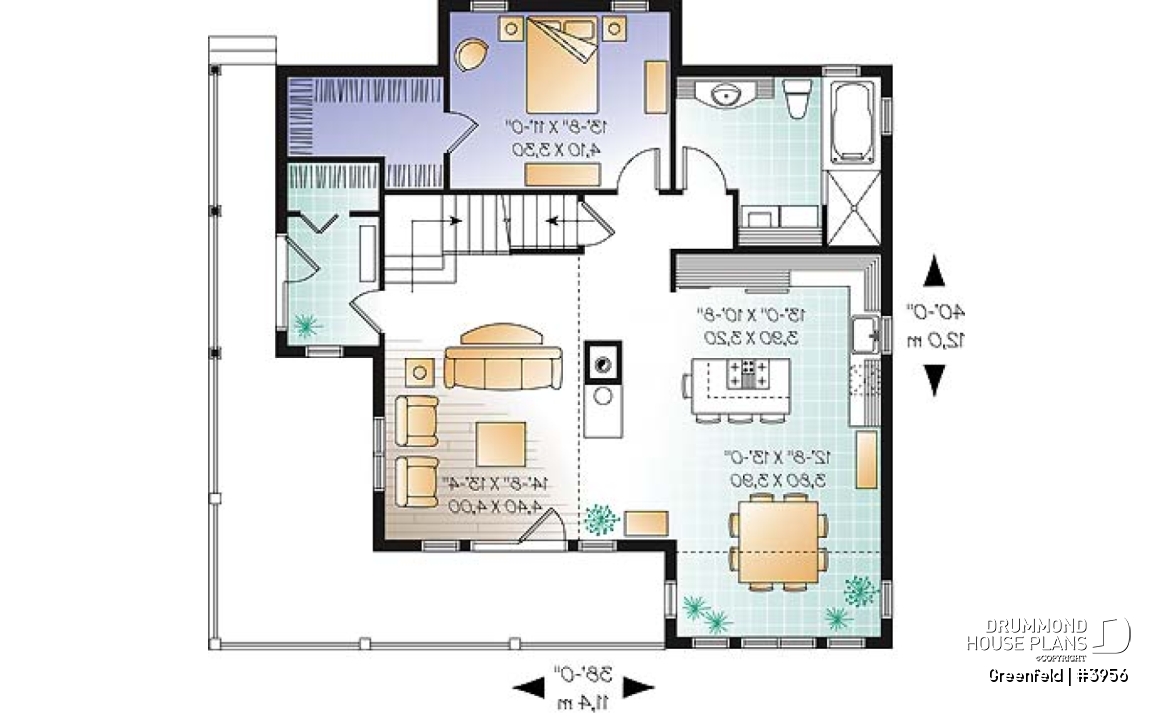1st level - Panoramic 3 to 6 bedroom chalet style house plan with open floor plan, fireplace, mezzanine - Greenfeld