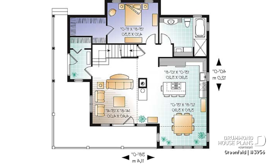 1st level - Panoramic 3 to 6 bedroom chalet style house plan with open floor plan, fireplace, mezzanine - Greenfeld