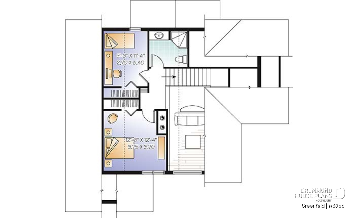2nd level - Panoramic 3 to 6 bedroom chalet style house plan with open floor plan, fireplace, mezzanine - Greenfeld