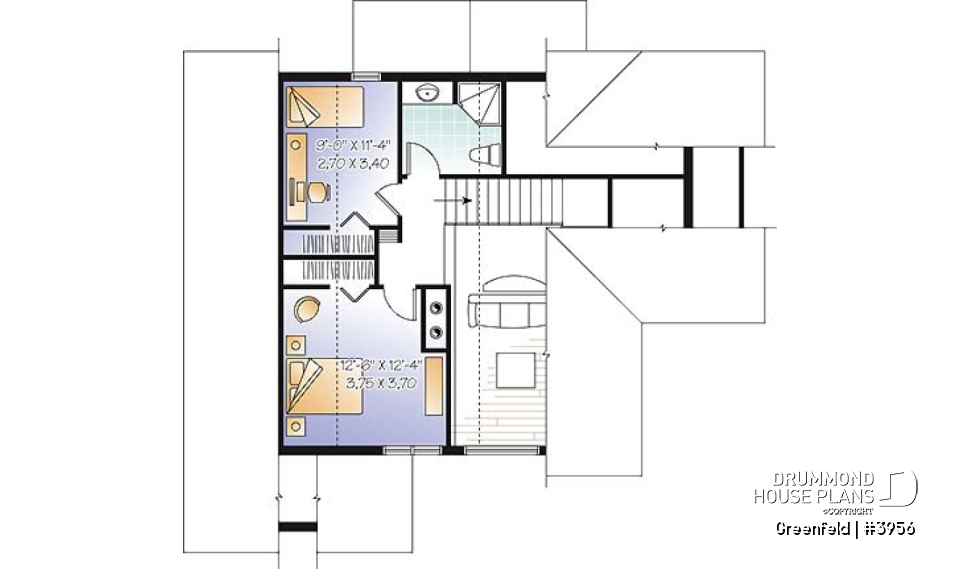 2nd level - Panoramic 3 to 6 bedroom chalet style house plan with open floor plan, fireplace, mezzanine - Greenfeld