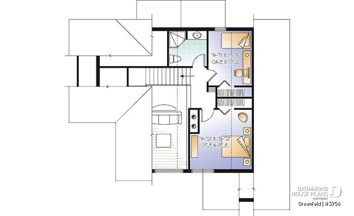 2nd level - Panoramic 3 to 6 bedroom chalet style house plan with open floor plan, fireplace, mezzanine - Greenfeld