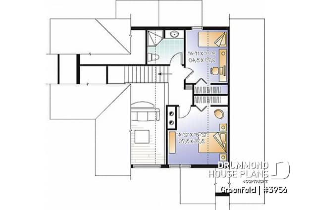 2nd level - Panoramic 3 to 6 bedroom chalet style house plan with open floor plan, fireplace, mezzanine - Greenfeld