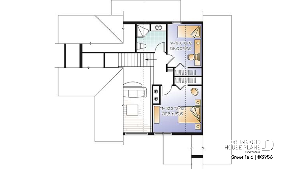 2nd level - Panoramic 3 to 6 bedroom chalet style house plan with open floor plan, fireplace, mezzanine - Greenfeld