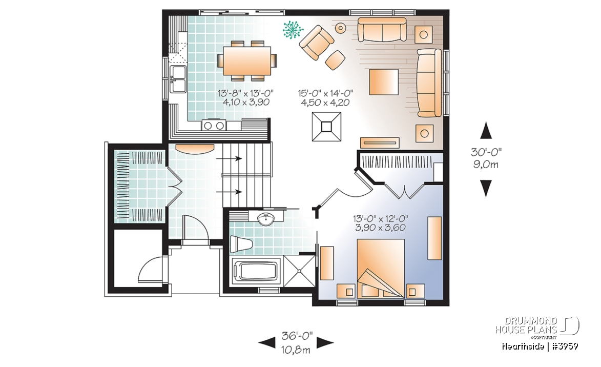 1st level - Ski chalet house plan with 2 living rooms, 1 to 4 bedrooms and a fireplace, affordable - Hearthside