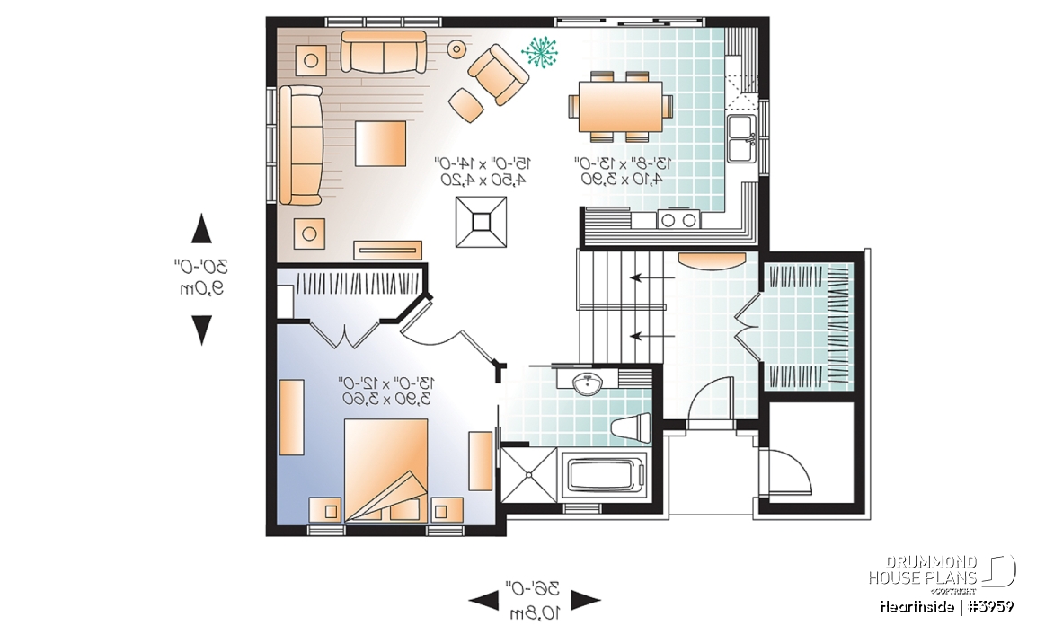 1st level - Ski chalet house plan with 2 living rooms, 1 to 4 bedrooms and a fireplace, affordable - Hearthside