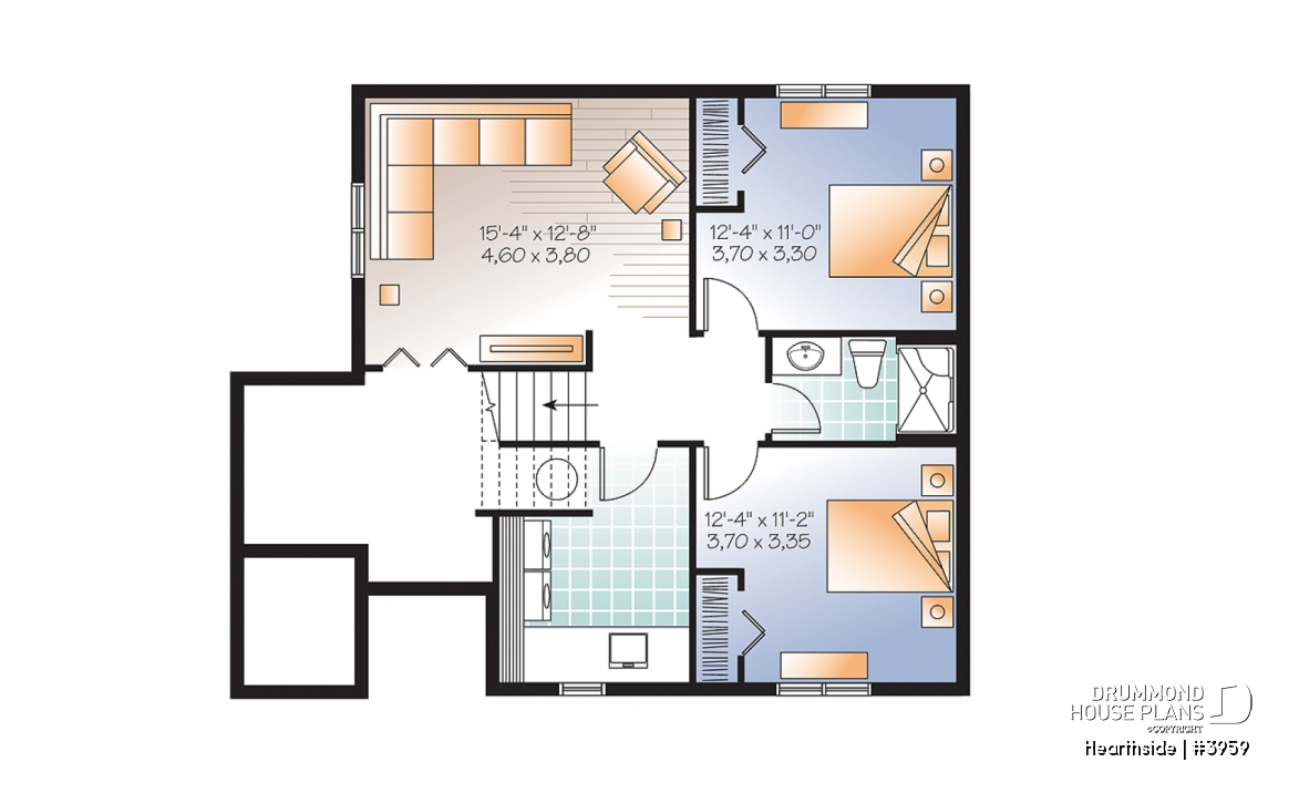 Basement - Ski chalet house plan with 2 living rooms, 1 to 4 bedrooms and a fireplace, affordable - Hearthside
