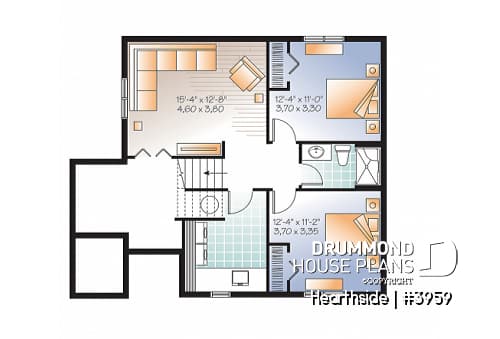 Basement - Ski chalet house plan with 2 living rooms, 1 to 3 bedrooms and a fireplace, affordable - Hearthside