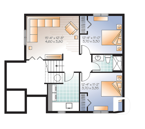 Basement - Ski chalet house plan with 2 living rooms, 1 to 4 bedrooms and a fireplace, affordable - Hearthside