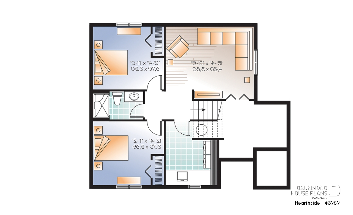 Basement - Ski chalet house plan with 2 living rooms, 1 to 4 bedrooms and a fireplace, affordable - Hearthside