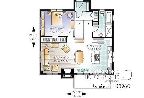 1st level - Lakefront modern cottage house plan, walkout basement, 3 to 4 bedrooms, 2 family rooms, 2 fireplaces, storage - Lombard