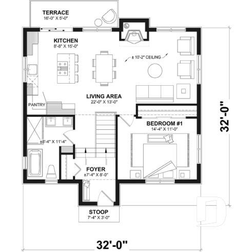 1st level - Modern Rustic Cottage Plan – Bright Layout with Central Fireplace, 3 Bedrooms & Flexible Basement - Lombard