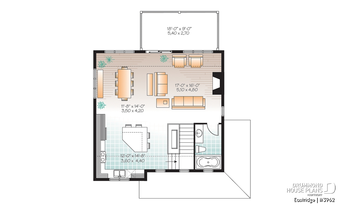 2nd level - 3 bedroom chalet house plan with 10' ceilings on second floor living area, reverse floor plans - Eastridge