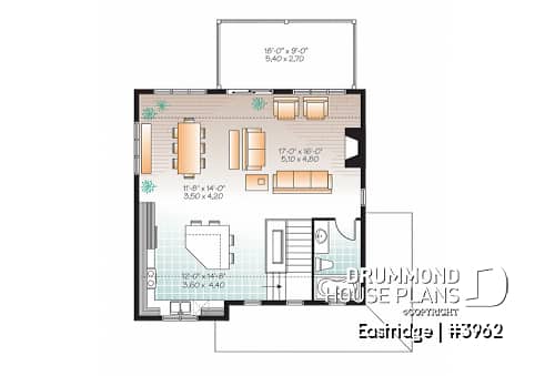 2nd level - 3 bedroom chalet house plan with 10' ceilings on second floor living area, reverse floor plans - Eastridge