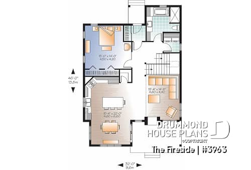 1st level - Waterfront small Cottage house plan, master on main floor, fireplace, pantry, mezzanine, covered patio - The Fireside