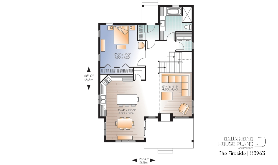 1st level - Waterfront small Cottage house plan, master on main floor, fireplace, pantry, mezzanine, covered patio - The Fireside