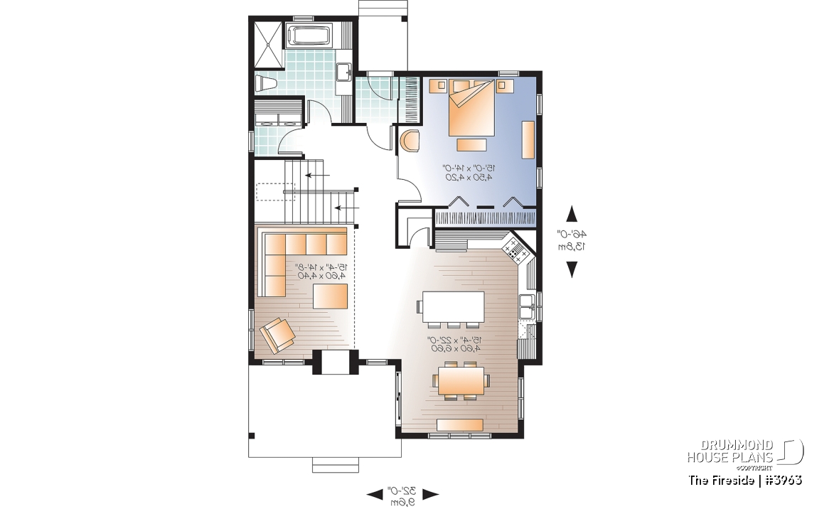 1st level - Waterfront small Cottage house plan, master on main floor, fireplace, pantry, mezzanine, covered patio - The Fireside