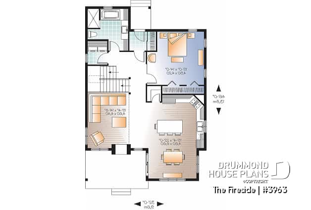 1st level - Waterfront small Cottage house plan, master on main floor, fireplace, pantry, mezzanine, covered patio - The Fireside