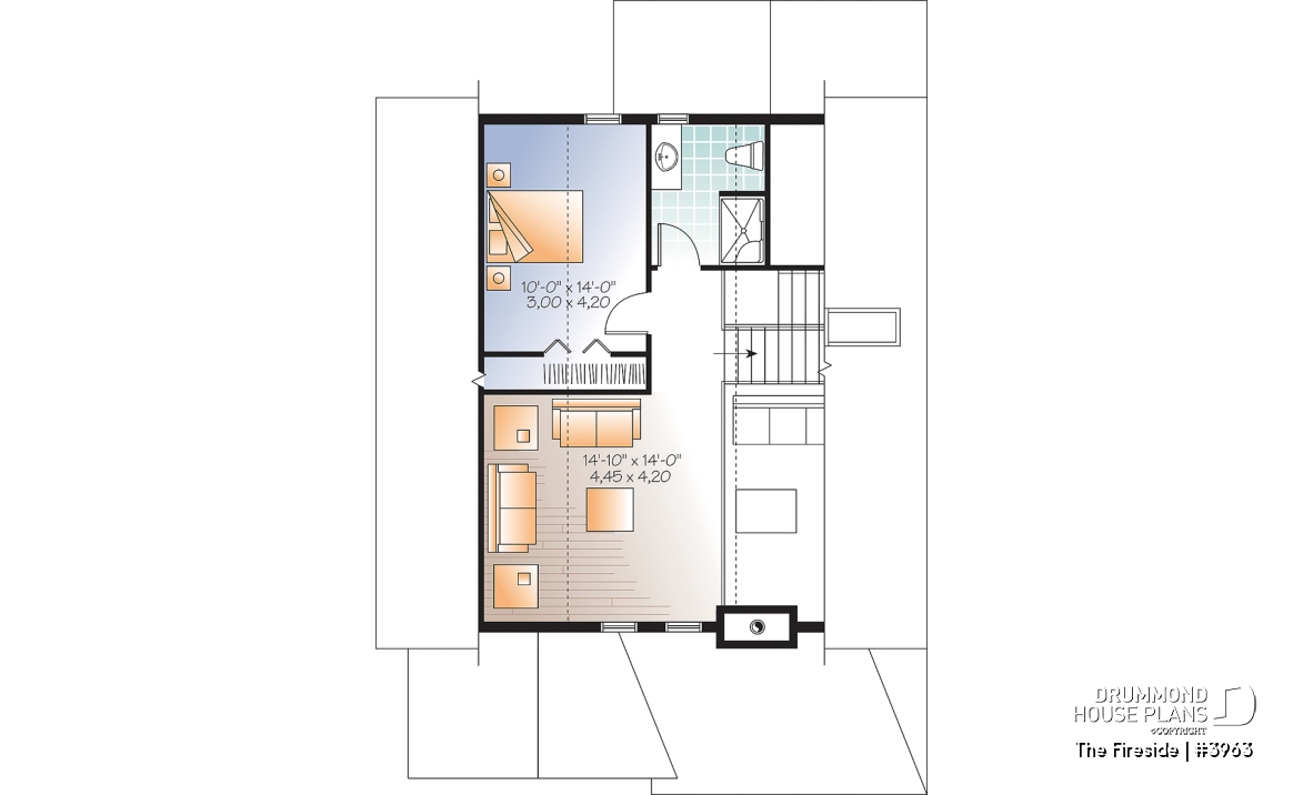 2nd level - Waterfront small Cottage house plan, master on main floor, fireplace, pantry, mezzanine, covered patio - The Fireside