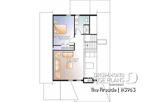 2nd level - Waterfront small Cottage house plan, master on main floor, fireplace, pantry, mezzanine, covered patio - The Fireside