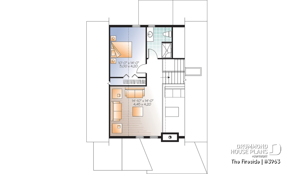 2nd level - Waterfront small Cottage house plan, master on main floor, fireplace, pantry, mezzanine, covered patio - The Fireside