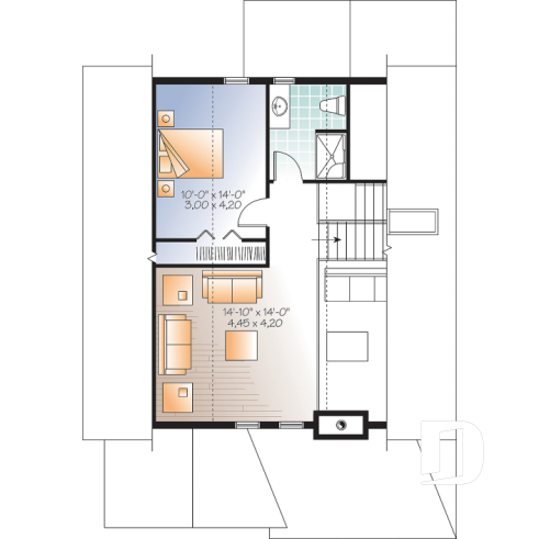 2nd level - Waterfront small Cottage house plan, master on main floor, fireplace, pantry, mezzanine, covered patio - The Fireside