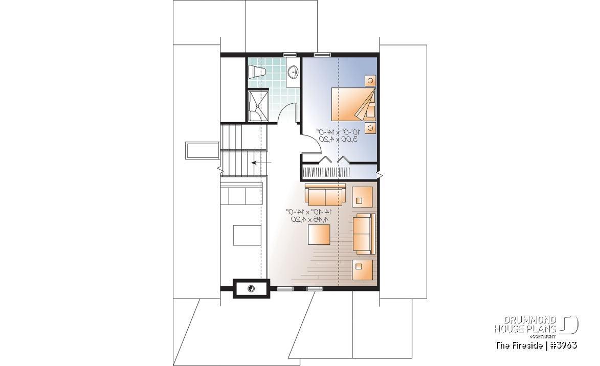 2nd level - Waterfront small Cottage house plan, master on main floor, fireplace, pantry, mezzanine, covered patio - The Fireside