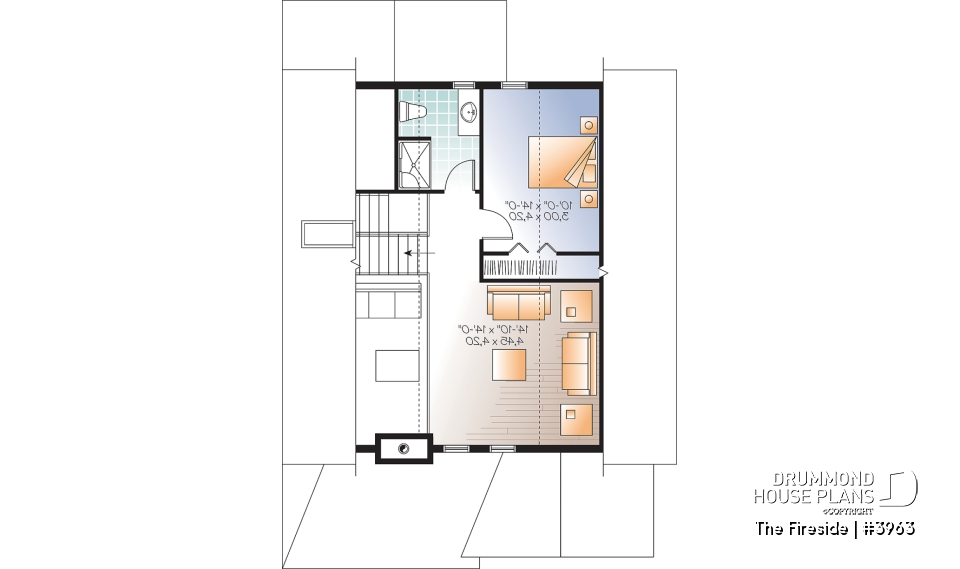 2nd level - Waterfront small Cottage house plan, master on main floor, fireplace, pantry, mezzanine, covered patio - The Fireside