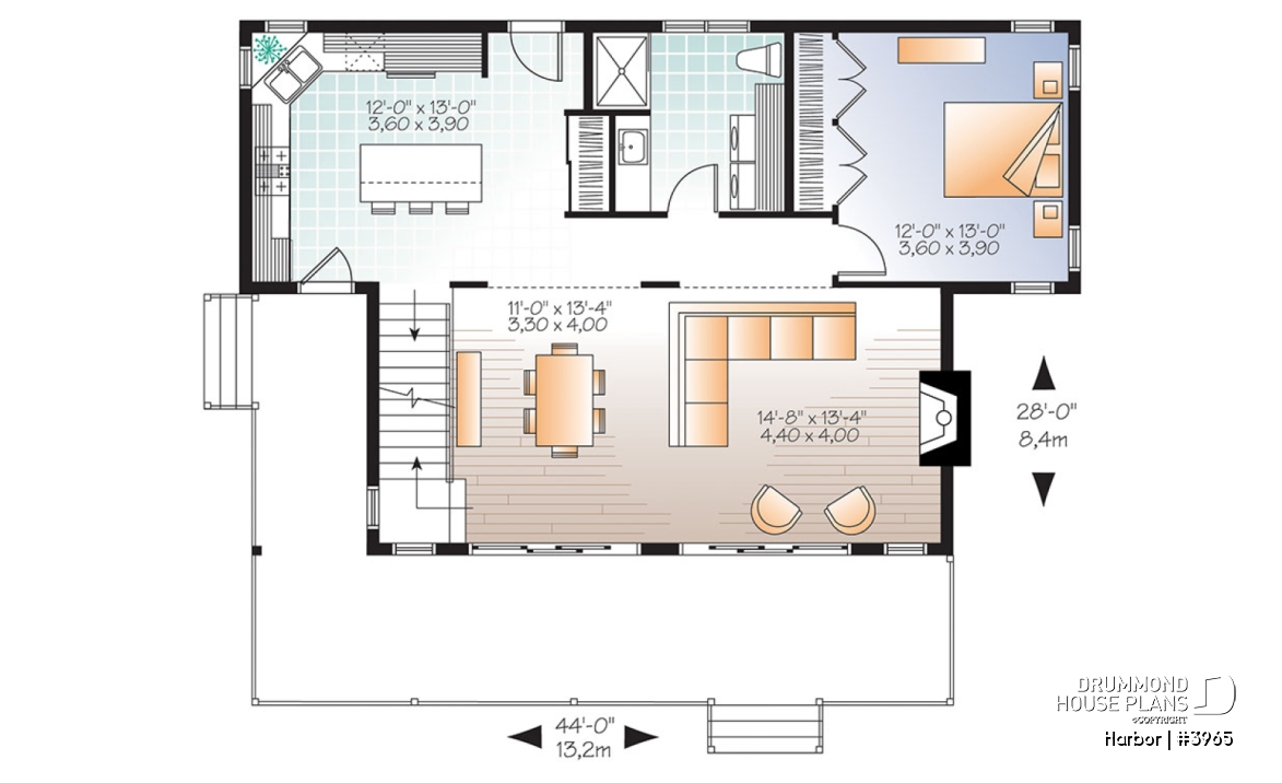 1st level - Scandinavian family vacation house plan, 3 bedrooms, 2 storey chalet with mezzanine, wood frames - Harbor